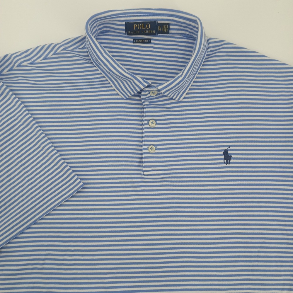 Polo Ralph Lauren Mens XL Classic Fit Striped Short Sleeve Polo Shirt Blue White